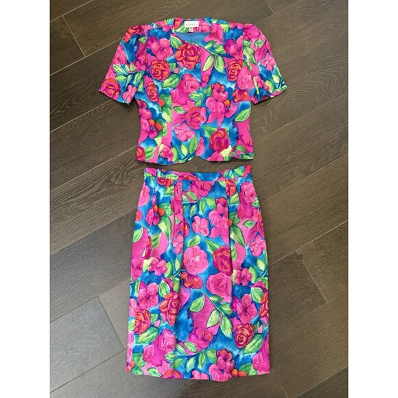 Vtg Adrianna Papell Silk Skirt Top 2 pc Set Sz 8 pink floral Maximalist Wow 90s - Picture 1 of 16